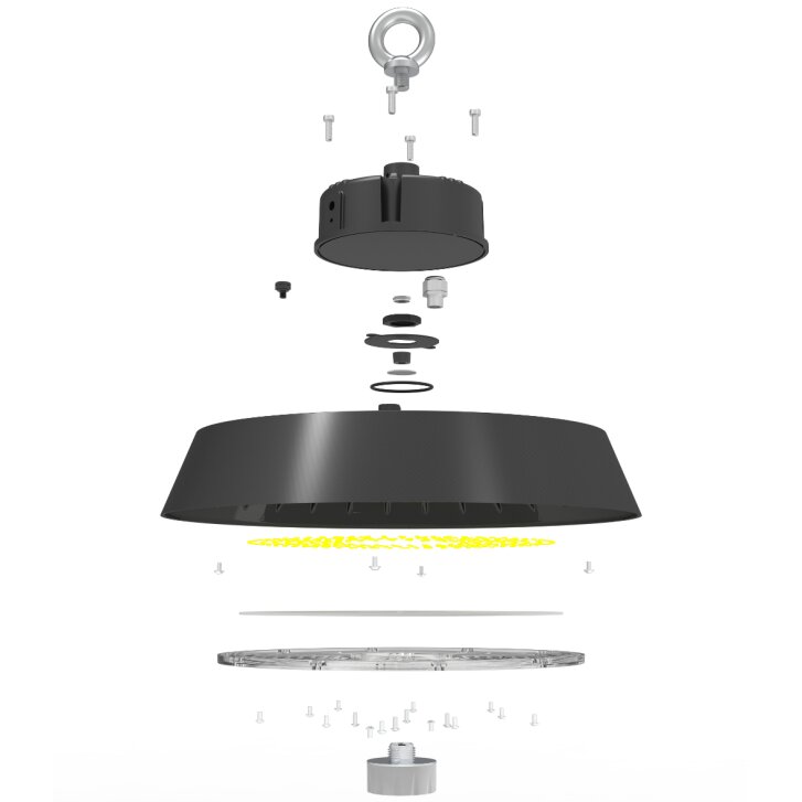 Hallentiefstrahler HBL-J 100W, 15.860 lm, Lumileds 2835, Philips Xitanium, Neutralweiß (5000K), 172 lm/W, 90°, inkl. integriertem Bewegungsmelder-Steckplatz