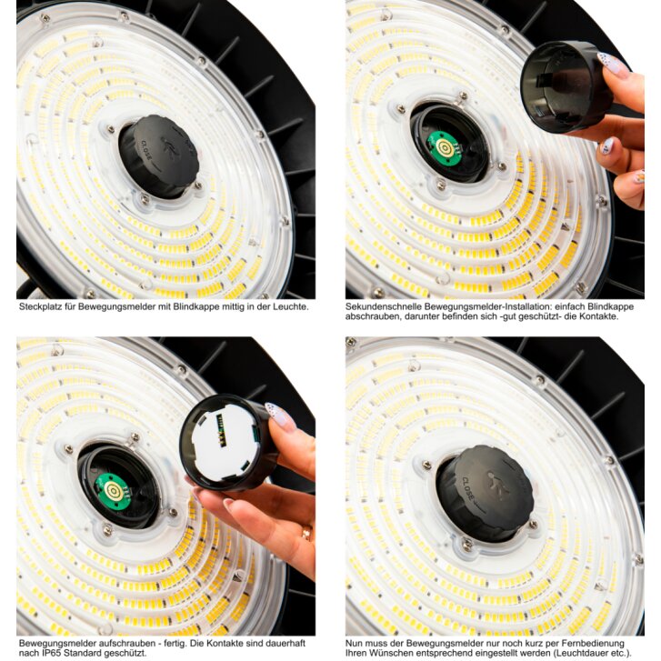 Hallentiefstrahler HBL-J 100W, 15.860 lm, Lumileds 2835, Philips Xitanium, Neutralweiß (5000K), 172 lm/W, 90°, inkl. integriertem Bewegungsmelder-Steckplatz