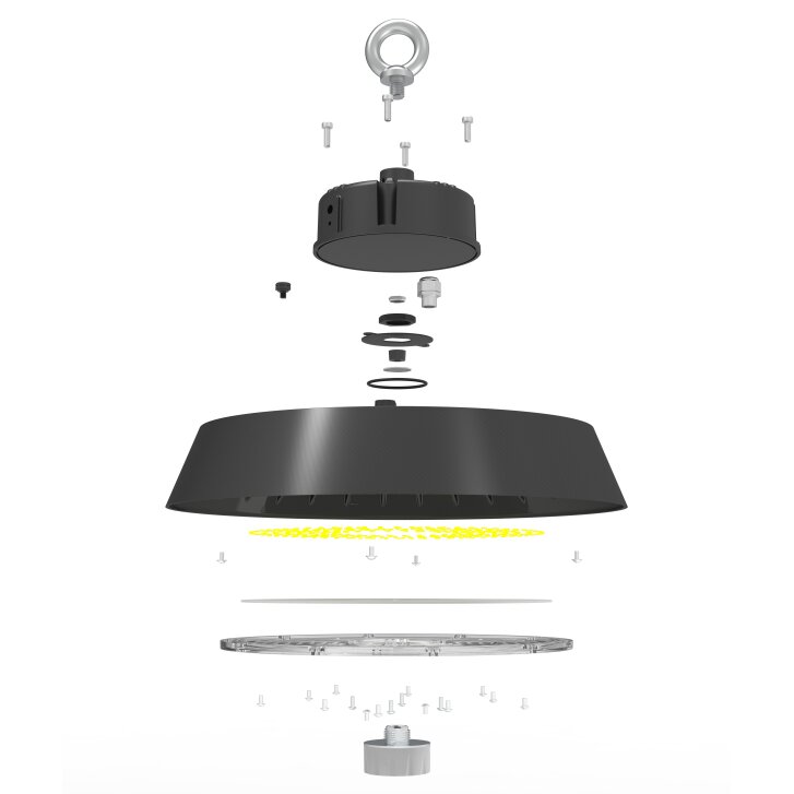 Hallentiefstrahler HBL-J 150W, 23.860 lm, Lumileds 2835, Philips Xitanium, Neutralweiß (5000K), 174 lm/W, 90°, inkl. integriertem Bewegungsmelder-Steckplatz